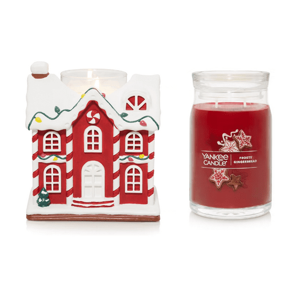 Yankee Candle Christmas Gingerbread House Jar Holder Gift Set with a Frosty Gingerbread Large Signature Jar Candle 2-pc Set