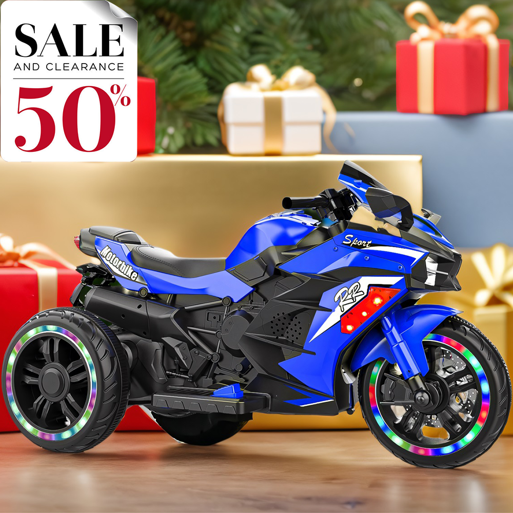 TECHVIDA Electric Motorcycle for Kids,12V Motorcycle for Kids, Battery Powered 3 Wheels Motorcycle Toy with Bluetooth, Music,Light,Blue