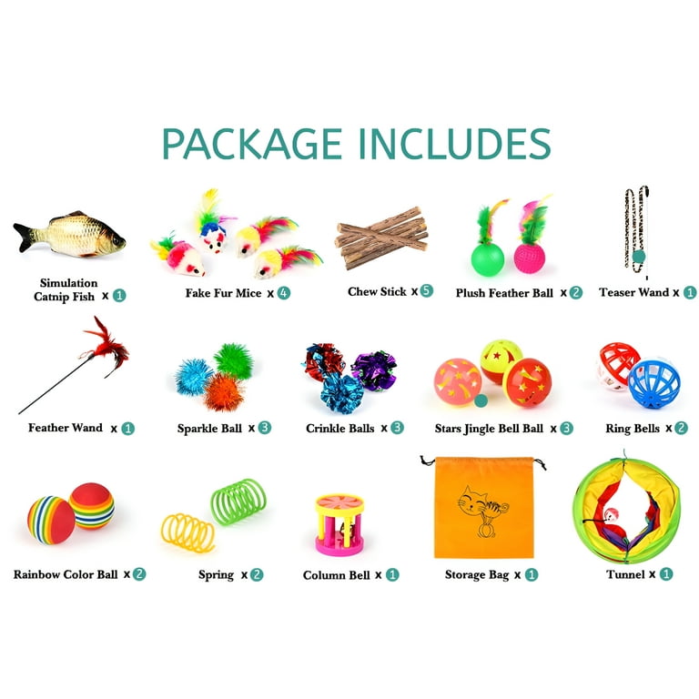 32 PCS Multipack Cat Toys, Catnip, Feather Teasers, Bell