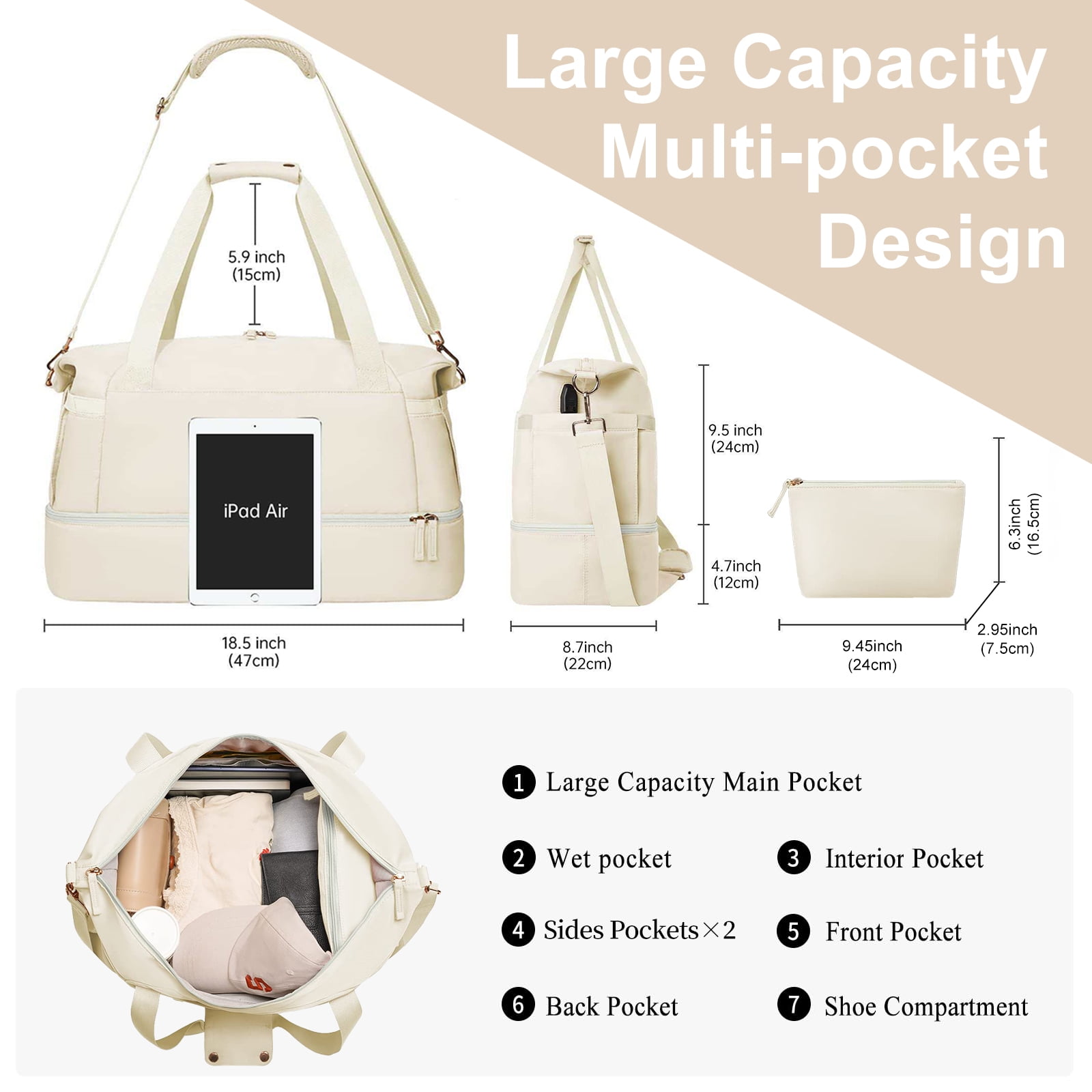 DAKIMOE Travel Duffel Bag for Women Gym Bag with USB Charging Port Large Weekender Overnight Bag Yoga Duffle Bags with Wet Pocket and Shoes Compartment, Beige