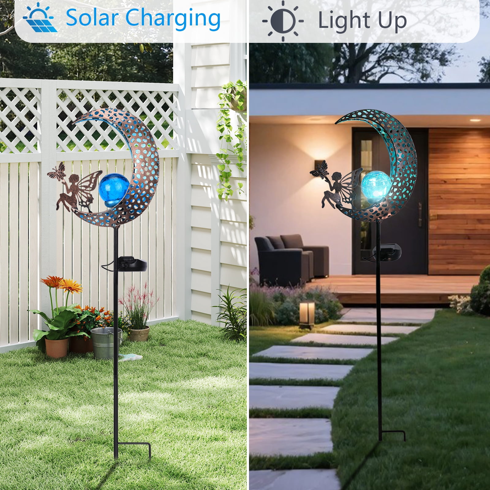 Moon Solar Light Outdoor Garden Stake, Moon Fairy Garden Statue Decor,Metal Light Stake for Patio, Path, Yard and Lawn Ornament,Blue