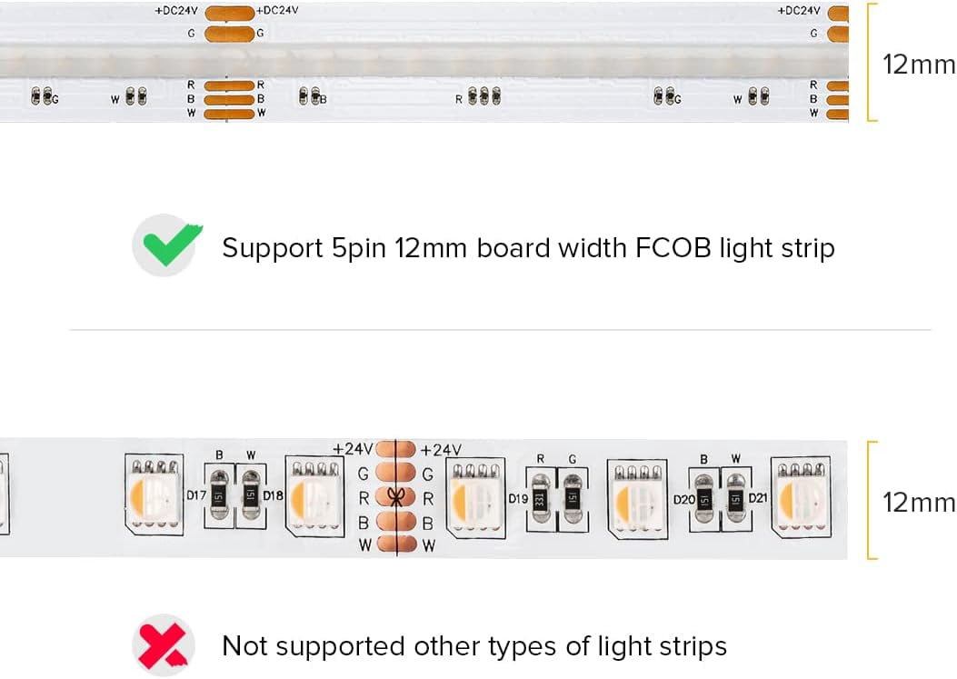 FCOB 5Pin 12mm 0.47in Transparent Connector Kit 30pcs Strip to Wire 30pcs Gapless Solderless Connectors 10pcs 5.9in Long 24AWG Extension Wire Support FCOB RGBW (+ R G B W) LED Strip