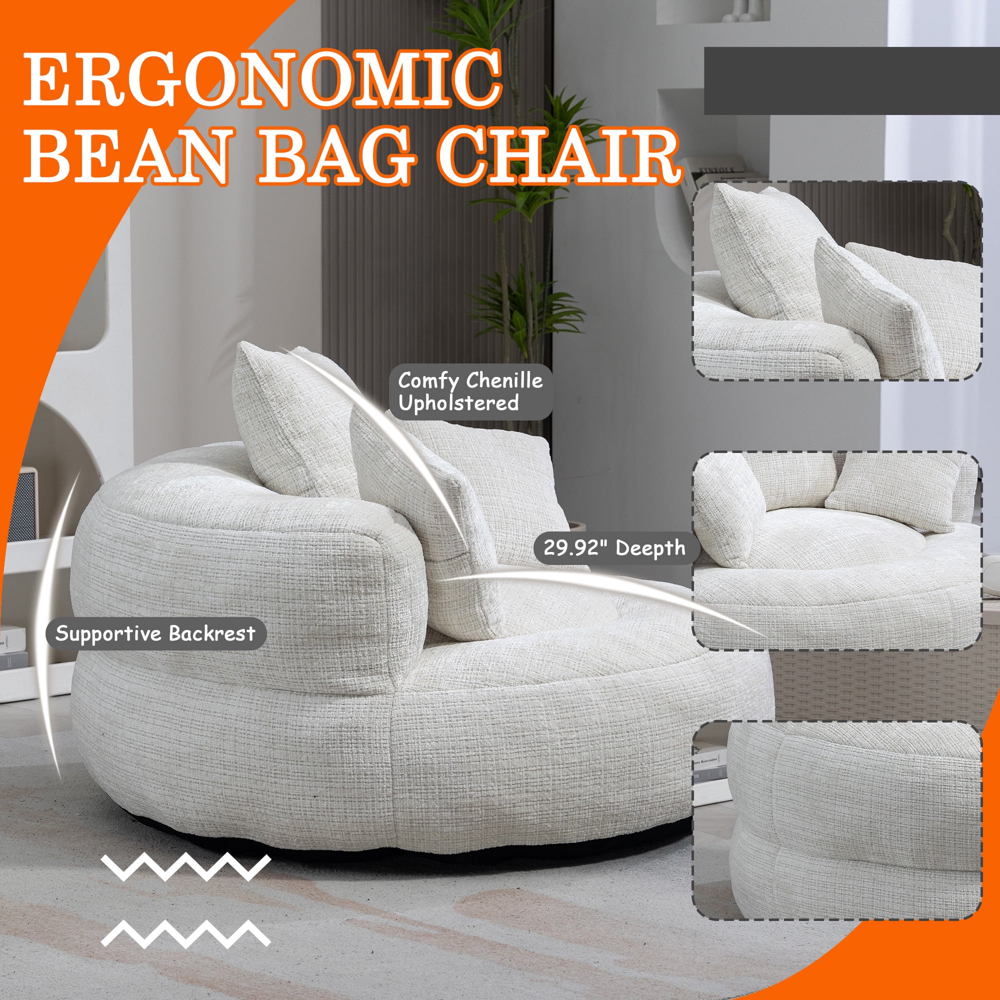 MOONMISS Chenille Upholstered Durable Comfort Lounger Bean Bag Lazy Sofa with Three Pillows-Beige