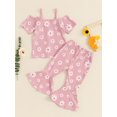 thumbnail image 4 of Nygoyerh Toddler Girls Floral Print Long Pants Sets 12M 18M 24M 3T 4T 5T Kids Short Sleeve Off Shoulder T-shirt with Bell Bottoms 2Pcs Little Girls Cute Summer Clothes, 4 of 9