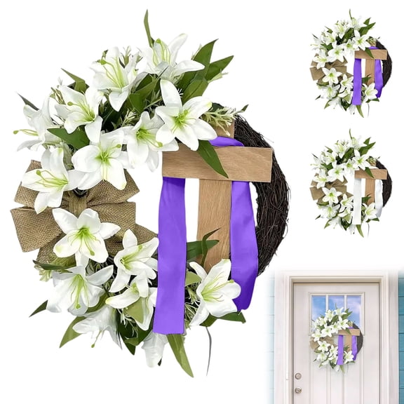 Beautynvta Easter Wreath for Front Door, 13.8'' Religious Cross Wreath with White Lilies and Bow, Jesus Lily Hanging Sign for Home Spring Religious Farmhouse Porch Decor