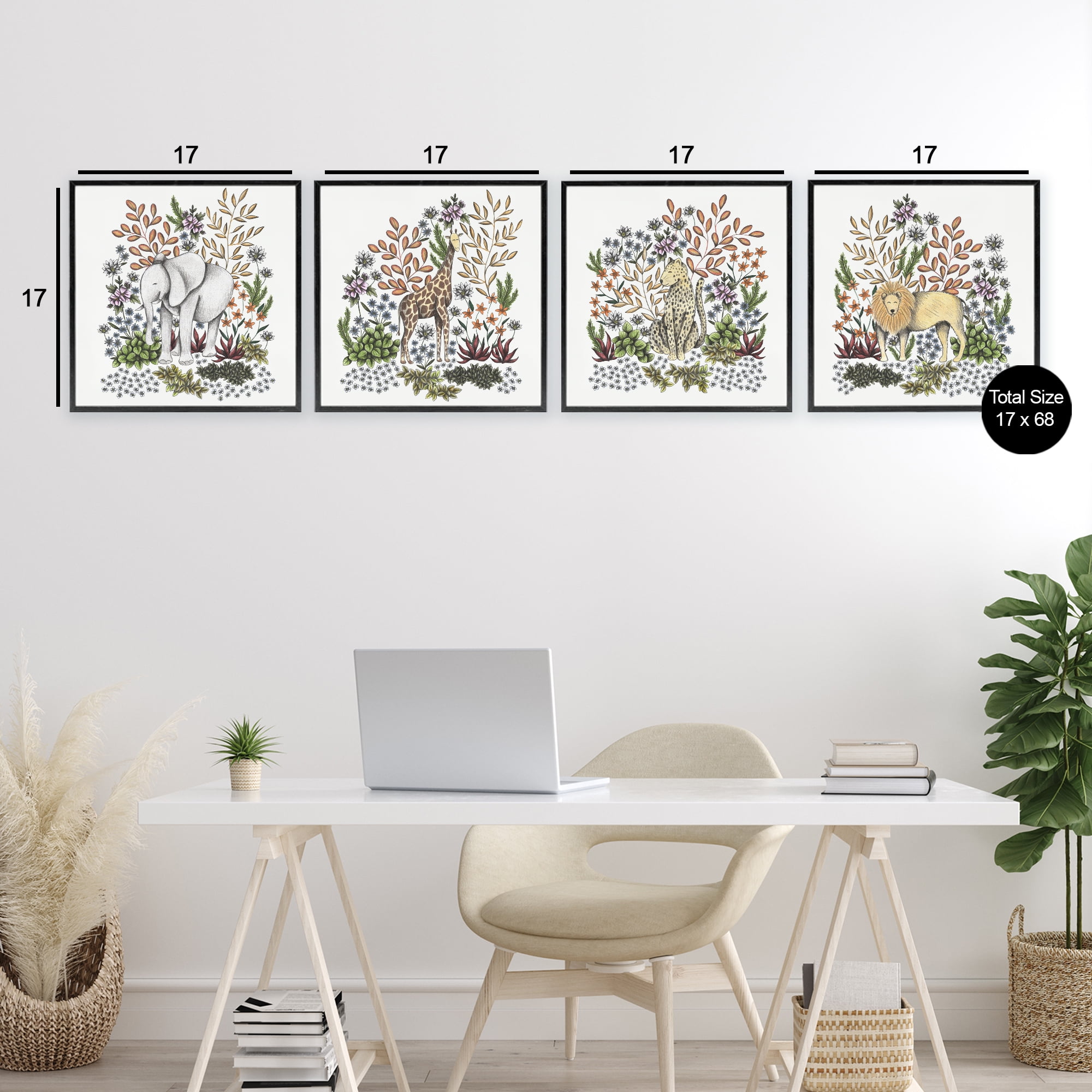 Jungle Wildlife & Botanicals 4 Piece Black Framed Giclee Art Set, design by Cecilia Battaini