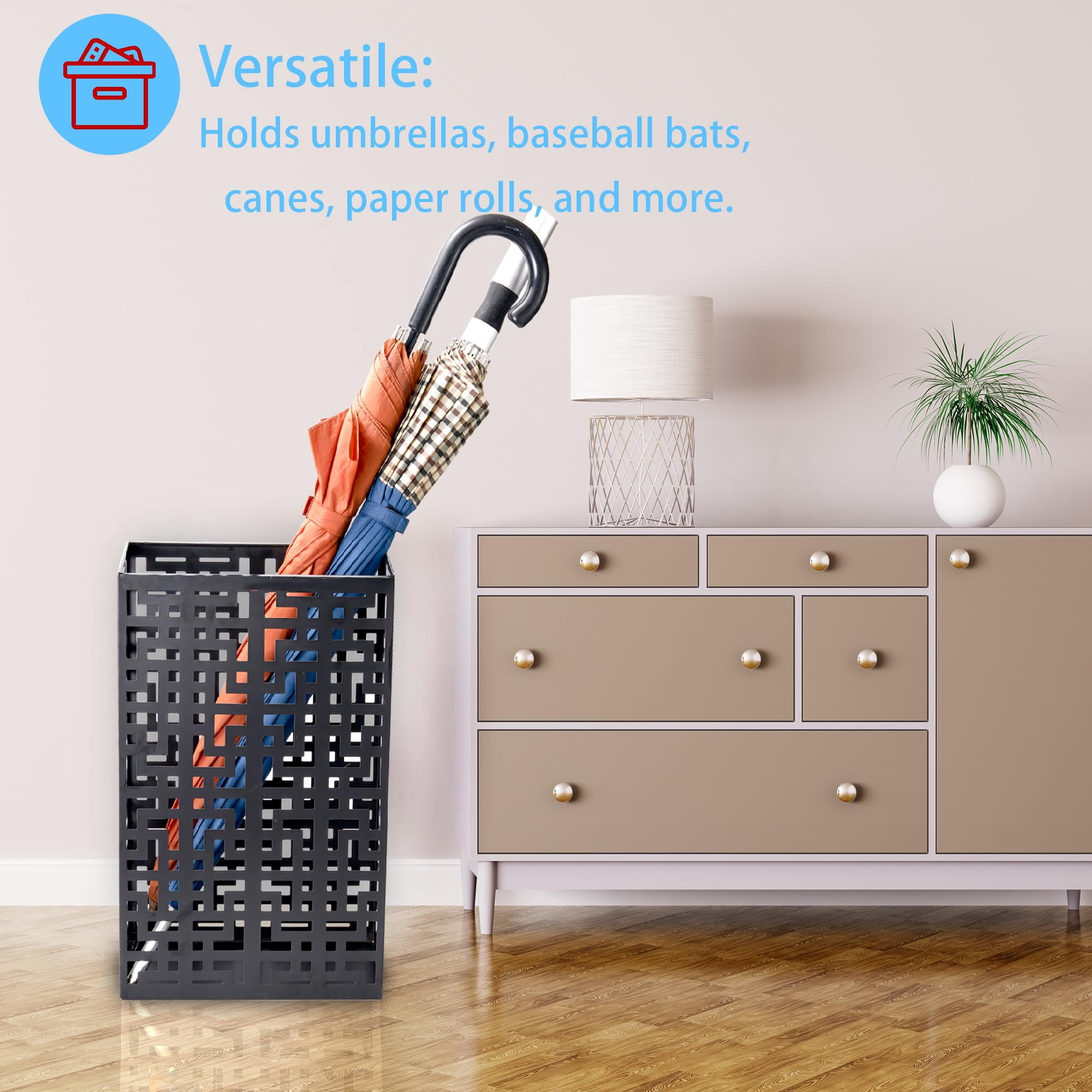 Umbrella Stand Rack For Entryway  Hollow Metal Holder Freestanding Storage Bin Long Holds 6-7 Black