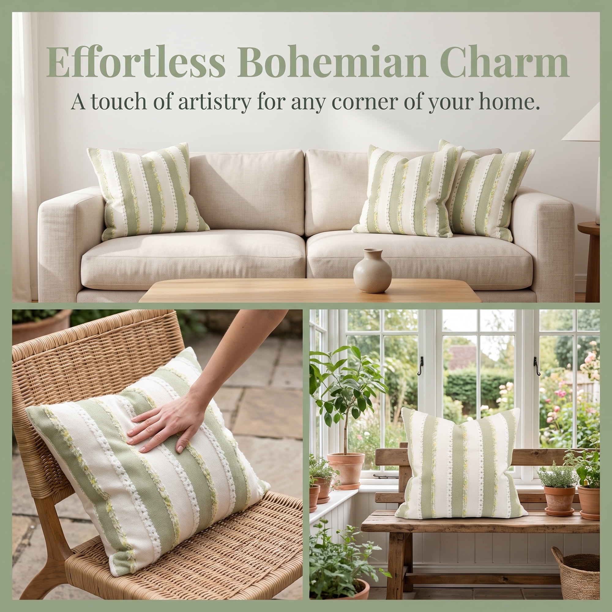 Unique Bargains 2Pcs Textured Frayed Striped Throw Pillow Covers Sage Green 18"x18"