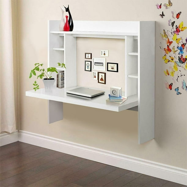 Wall Mounted Desk with Storage Shelves Computer Table White - Walmart.com