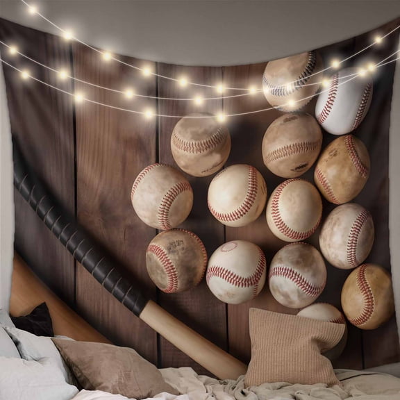 Baseball Tapestry for Bedroom Wall Hanging Tapestry, Farmhouse Retro Sport Theme Brown Wooden Grain Ceiling Backdrop Tapestries Poster Blanket Wall Decor for Teens Room Living Room Dorm 59" x 79"