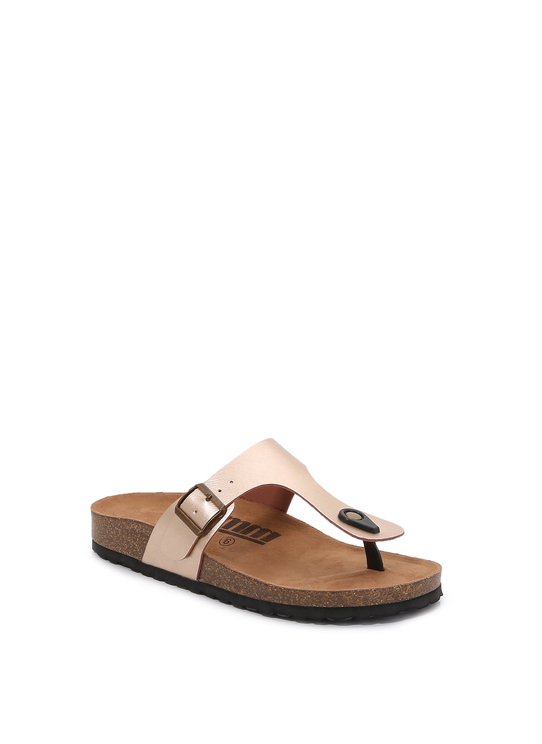 Women Soft Cork Footbed PU Leather Hook and Loop T Strap Flip Flops (PU Gold / 9 )
