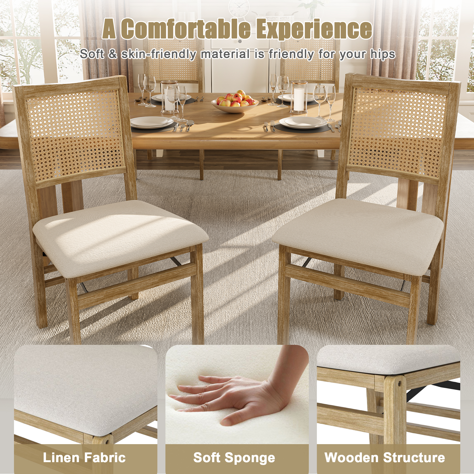 MOONMISS Scandinavian Style Solid Wood Frame Folding Dining Chair(set of 2) for Kitchen,Living Room