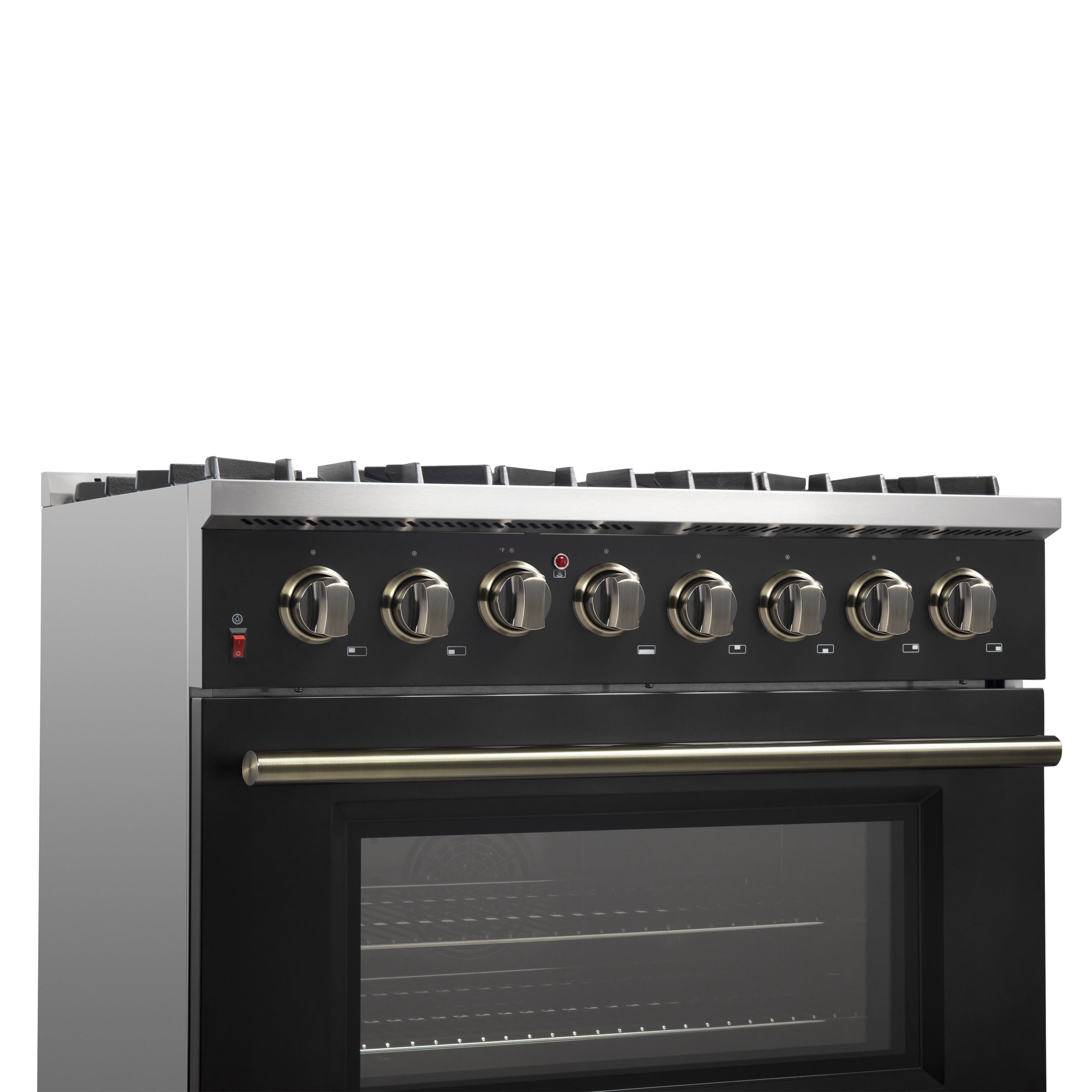 Forno Galiano 36-inch Dual Fuel Range in Black  Antique Brass Design, 6 Sealed Burners 83,000 BTU, 5.36 cu.ft. True Convection Oven