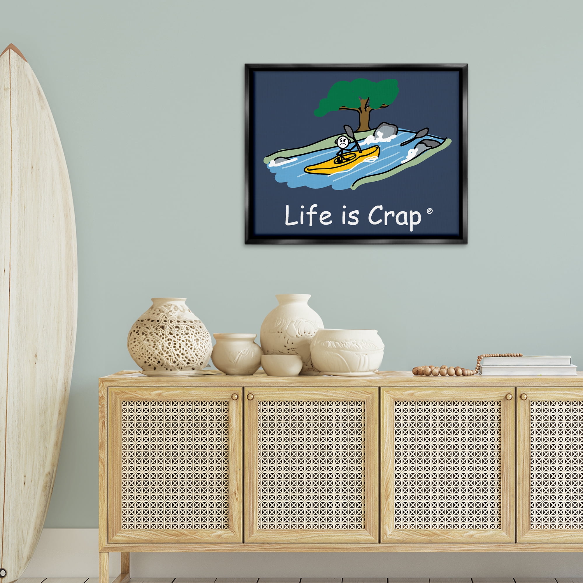 Stupell Industries Life Is Crap Kayaker Novelty & Humor Painting Black Floater Framed Canvas Art Print Wall Art, 31 x 25