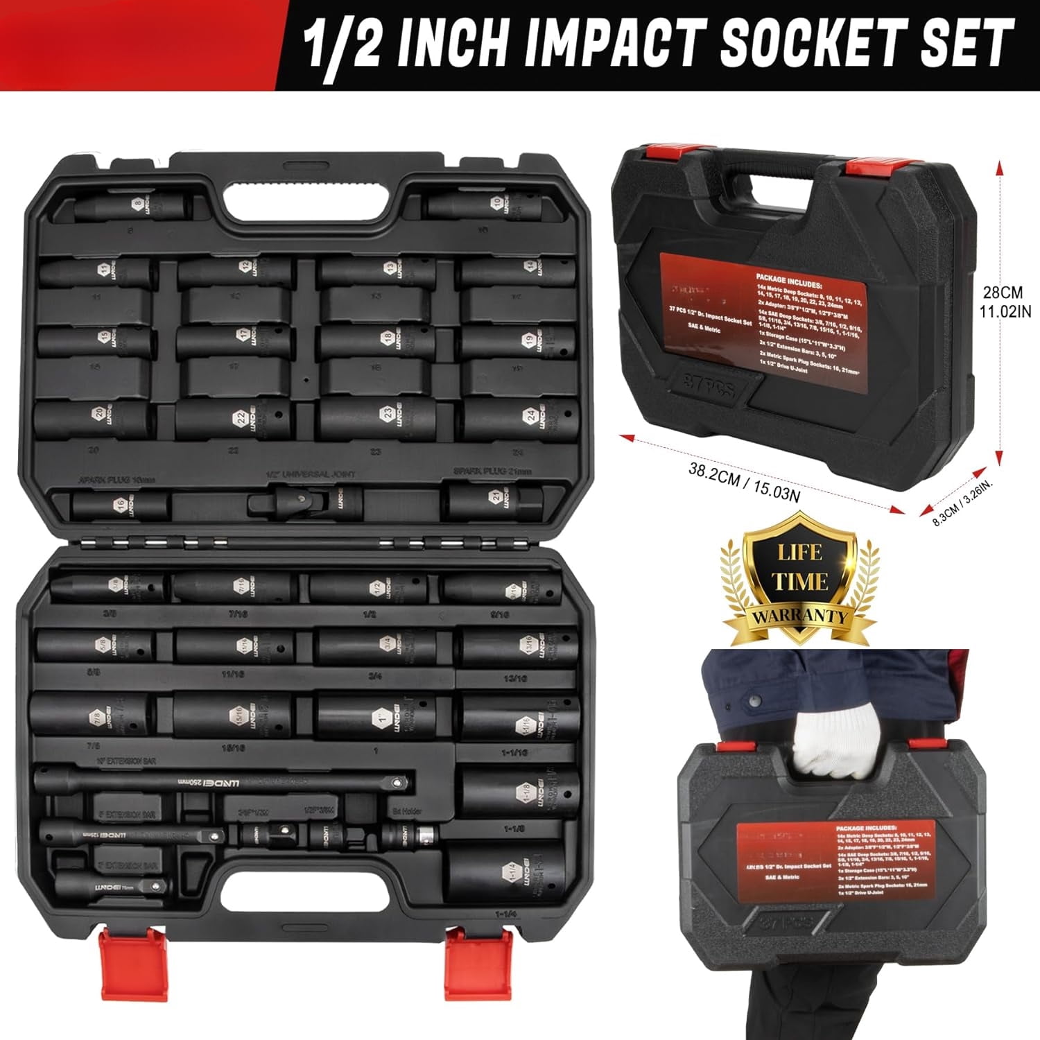 1/2 inch Drive Deep Impact Socket Set, 37 Piece Standard SAE 3/8" to 1-1/4" | Metric 8 to 24mm, Includes Spark Plug Socket (16, 21mm), CR-MO Universal Joint, Extension Bars and Adapter