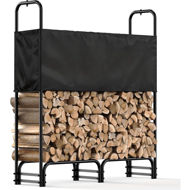 4ft Firewood Rack Outdoor Indoor with Cover, Heavy Duty Firewood Storage Stand Log Rack, High Capacity, Water-Resistant Cover, Black Rust-Resistant Coating