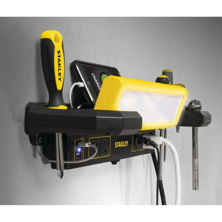 STANLEY PSL1000S Adjustable 45 COB LED Workbench Light with AC Power  Outlets, Dual 2.1 Amp USB Charging Ports, and Tool Storage