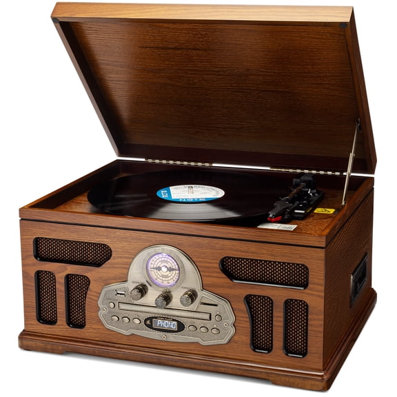 SoundBeast All-in-One Turntable with 3-Speed Record Player, Bluetooth, CD, Cassette Tape, AM/FM Radio, USB, Built-in Speakers, Handmade Wooden Exterior