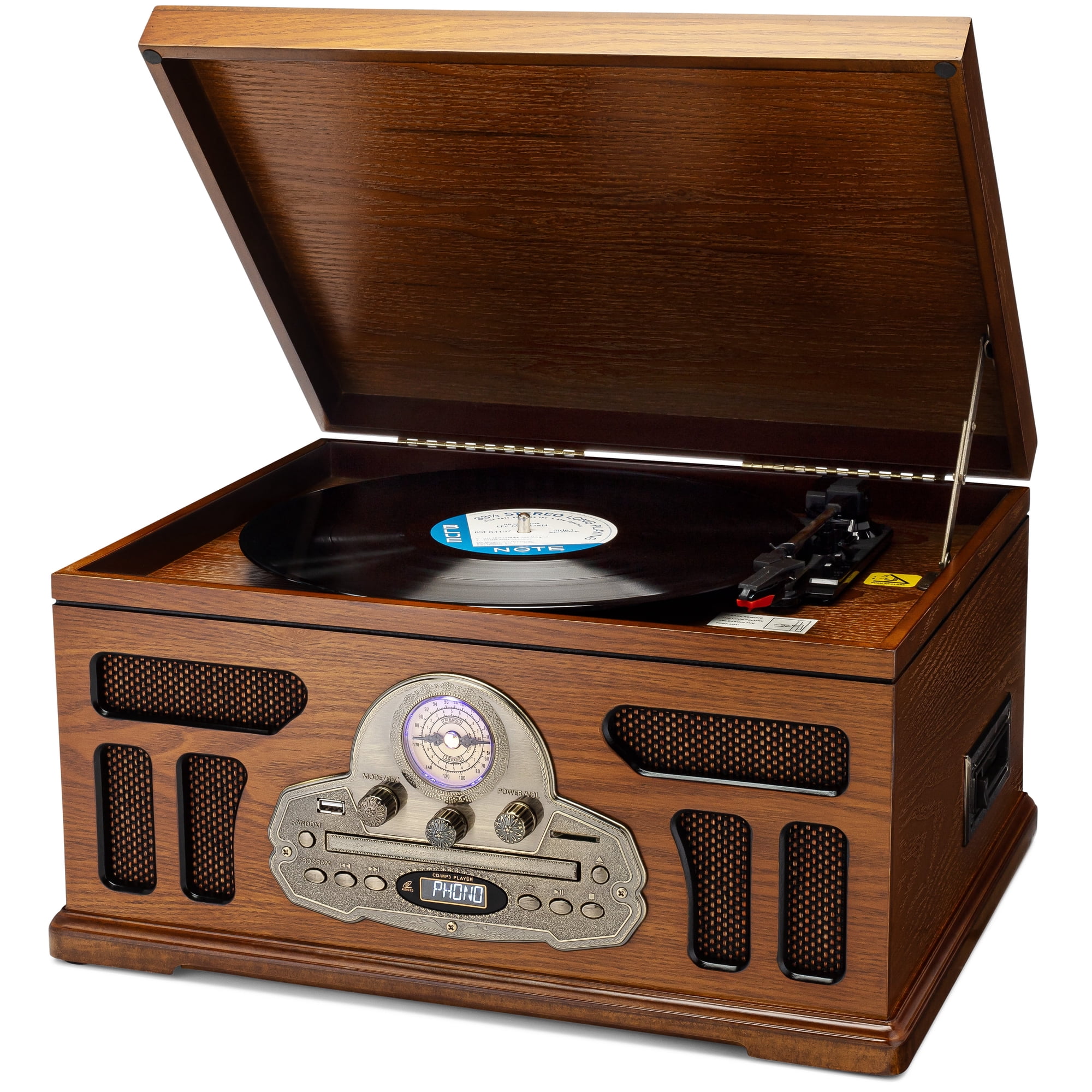 SoundBeast All-in-One Turntable with 3-Speed Record Player, Bluetooth, CD, Cassette Tape, AM/FM Radio, USB, Built-in Speakers, Handmade Wooden Exterior