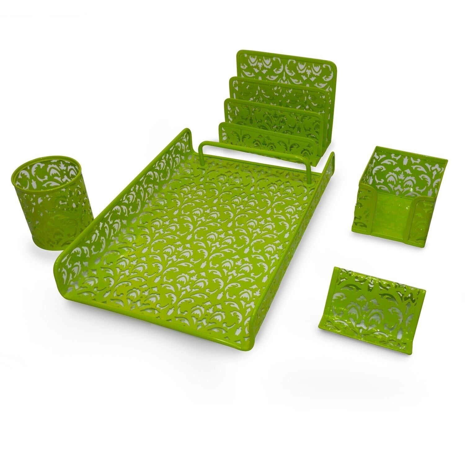 Majestic Goods 5 Piece Green Flower Design Punched Metal Mesh Office Desk Accessories Organizer