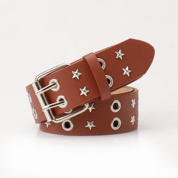 Y2K Punk Rivet PU Leather Belts 110cm Waist Belt Pentagonal Star Rivet Waist Strap Double Row Hollow Jeans Waistband for Women Men