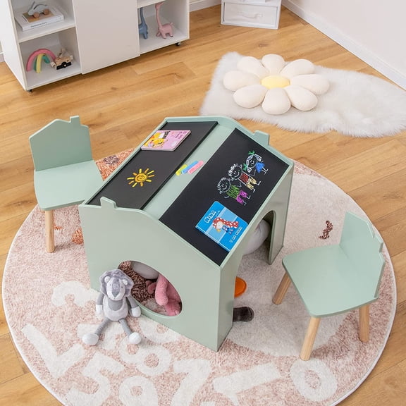 Kids Table and Chairs, 3 Pieces Wooden Art Table Set w/Chalkboards for Children Activity, Crafts, Reading, Drawing, Space-Saving Design, House-Shaped Toddler Table and Chair Set (Green)