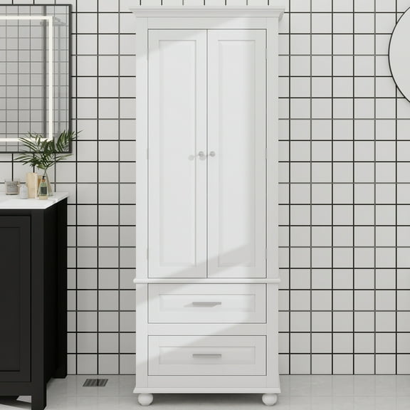 Tall Storage Cabinet with Two Drawers for Bathroom/Office, White