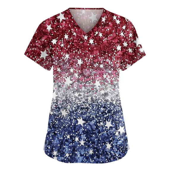250th Anniversary USA Womens Scrub Tops Loose Short Sleeve USA Flag Print Scrub Shirts V Neck 4th of July Celebration Party Scrubs Nursing Uniform Medical Nurse Workwear with Pockets Blue L