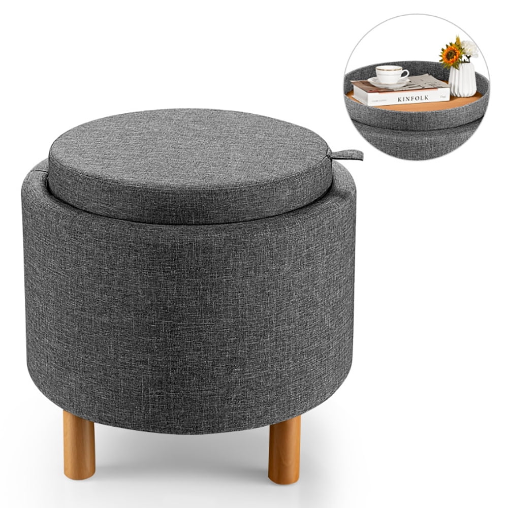 Finihen Round Fabric Storage Ottoman, Footrest Stool, Vanity Chair, Storage Ottoman with Tray and Non-Slip Pads, for Living Room, Bedroom, Gray Finihen Round Fabric Storage Ottoman, Footrest Stool, Vanity Chair, Storage Ottoman with Tray and Non-Slip Pads, for Living Room, Bedroom, Gray