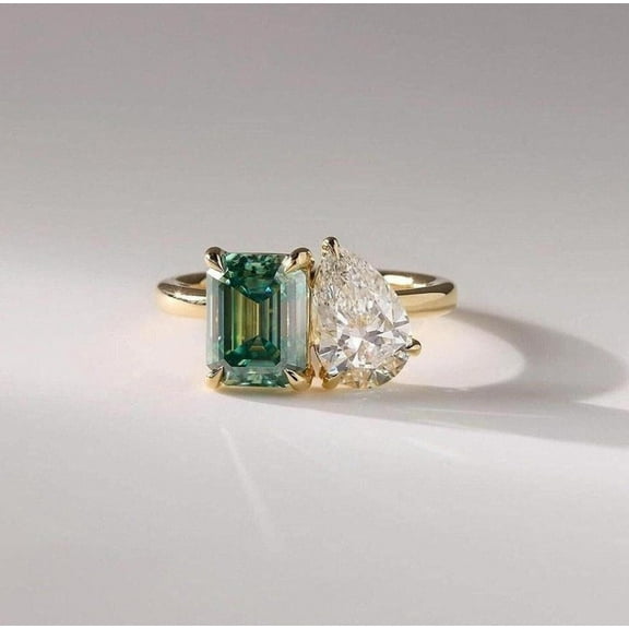 Tourmaline Moissanite Promise Engagement Ring, Two Stone Ring, Moi Et Toi Ring Anniversary, Mother Daughter Ring Gift for Her Green Gem Gift