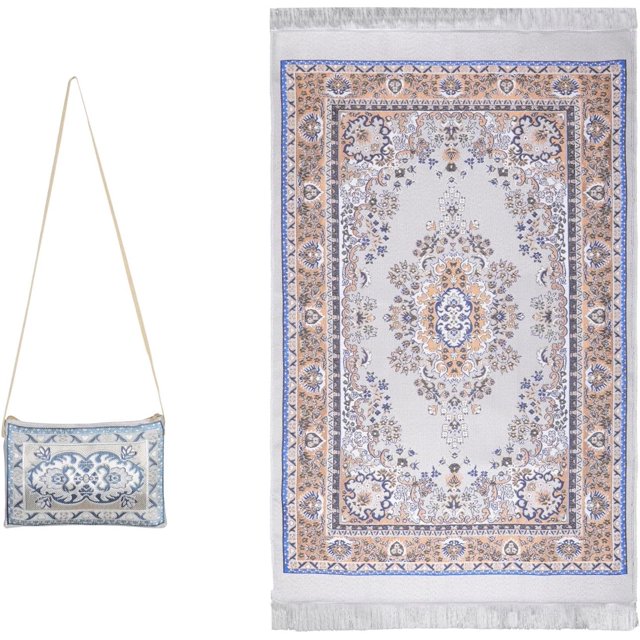 Muslim Prayer Rug Set with Beads and Bag, Elegant Ramadan Prayer Rug, 27.5x43.3 Inch Blue