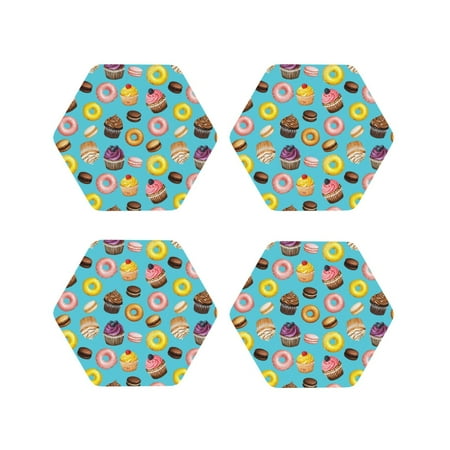

Drink Coasters Set of 4 Cupcake Donut Macaroon Prints Leather Coasters for Coffee Table Protector Heat Resistant Cute Coasters for Home Decor Housewarming Gifts Bar Kitchen 4 Inch Hexagon