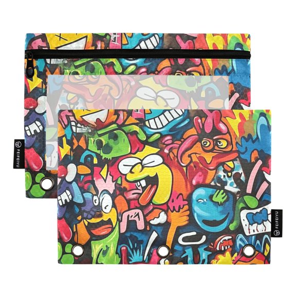 Pencil Pouch for 3 Ring Binder, Binder Pencil Case with Smooth Zipper, Clear Window Pencil Case for Binder, Big Capacity 3 Ring Binder Pencil Bag with 3 Reinforced Grommets. Cartoon Graffiti Style