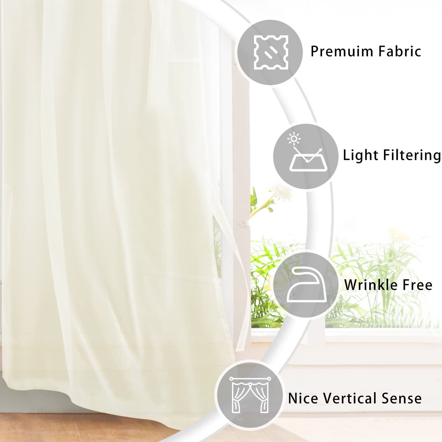 Hiasan Ivory Sheer Curtains with Tiebacks-Light Filtering Contemporary Window Drapes for Living Room, Bedroom, Grommet, 52" x 90", Set of 2