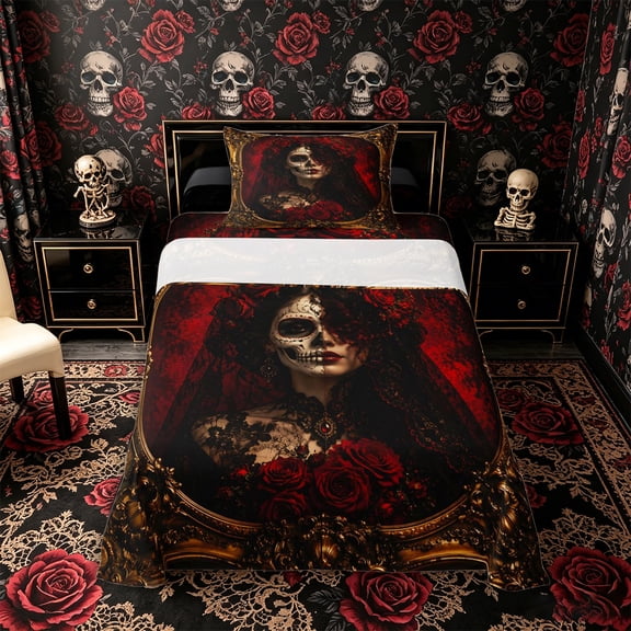Manfei Gothic Sugar Skull Twin Sheets 3pcs, Halloween Romantic Floral Rose Bedding, Gold Red Black,1 Fitted Sheet, 1 Flat Sheet and 1 Pillowcase