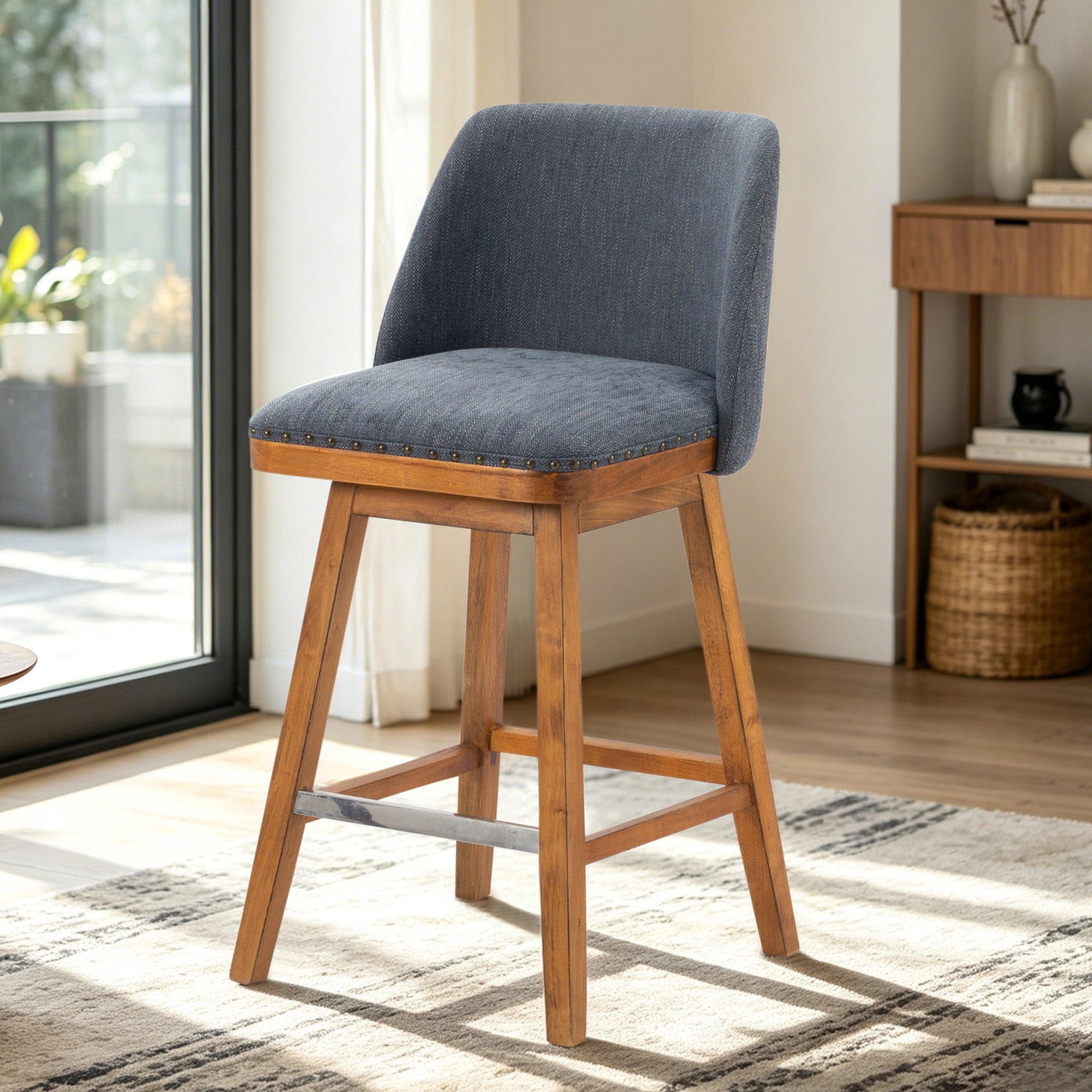 BSHTI 18.9" Linen Swivel Barstool with Back Support, Foam Seat, Wood Frame, Footrest for Dining Rooms（Blue）