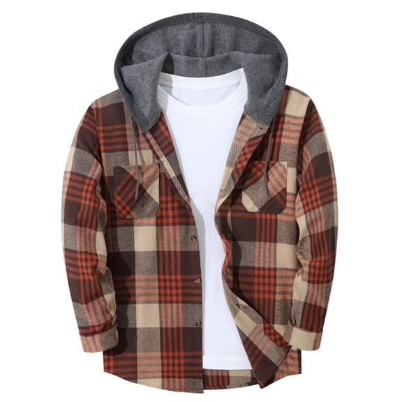 Sevevn Men's Plaid Flannel Shirt Hooded Jacket Long Sleeve Button Dual Pocket Loose Casual Fall Shacket Outerwear Coat Brown L