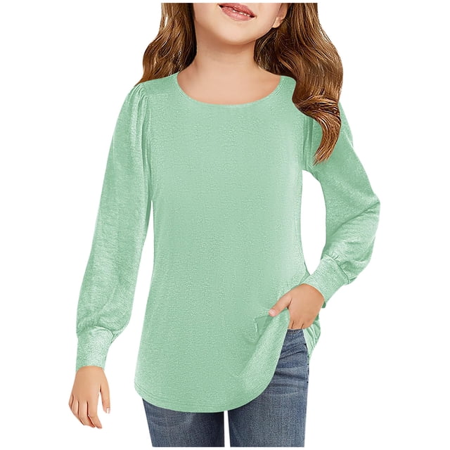 FAIWAD Girls Puff Long Sleeve Tops Kids Casual Crewneck Basic Tees Solid Color Loose Daily Clothes 4-13 Years