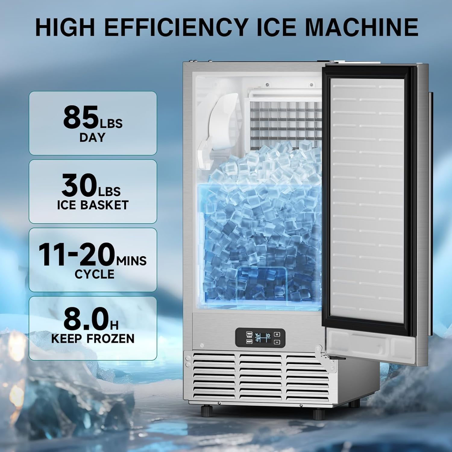 XUTUMM 15" Ice Maker, 85Lbs/24H Under Counter w/ 30Lbs Bin, Built-in/Freestanding, Auto-Clean, Stainless Steel
