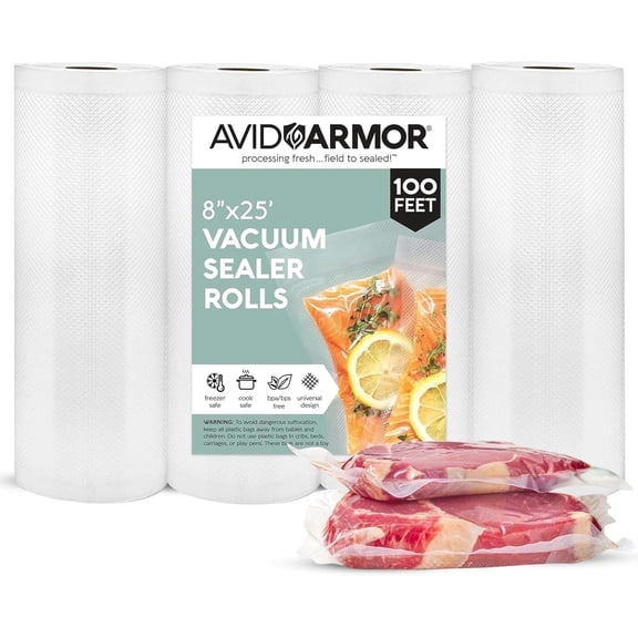 Avid Armor 8"x25'  Vacuum Sealer Bags, 4-Rolls (100 Ft Total), BPA Free Food Saver Bags