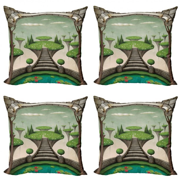 Fantasy Throw Pillow Cushion Case Pack of 4, Fairytale Landscape View