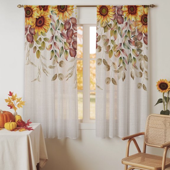 Fall Eucalyptus Leaves Sunflower Watercolor Chiffon Sheer Curtains 72 Inches Long Retro Linen Rod Pocket Window Curtains Voile Drapes Curtains for Living Room Bedroom,2 Panels