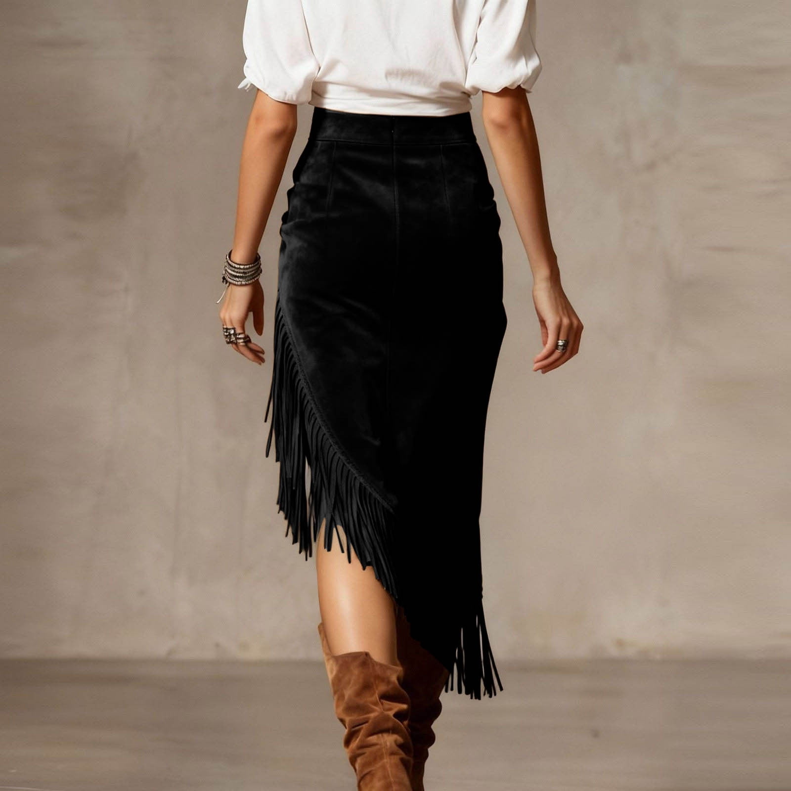Women's Fringe Suede Maxi Skirt Western Style Asymmetric Ruched Bodycon Side Slid Cowgirl Tassel Long Skirts