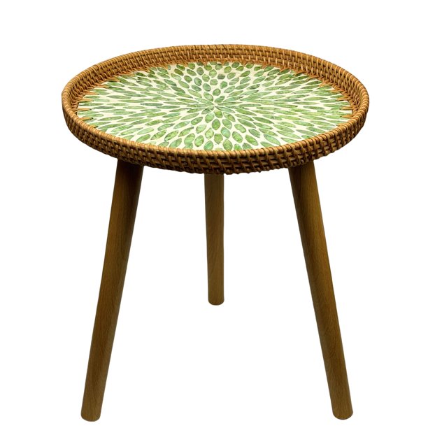 Mesa auxiliar redonda de ratán, mesa auxiliar boho para sala de estar con incrustaciones de nácar, mesa de centro pequeña, mesita de noche de mimbre