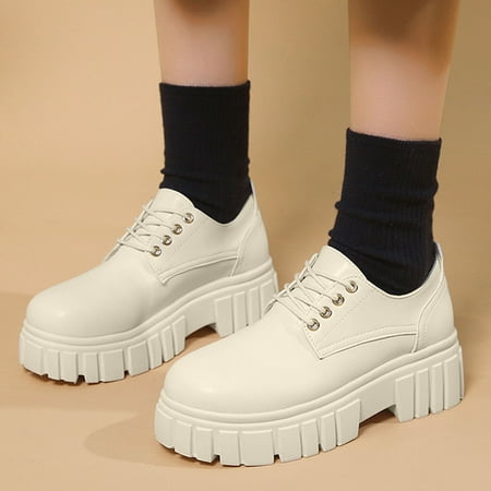 

HIBRO Women s Fashion Thick Sole Lace-Up Shoes Pumps Leather British Casual Shoes