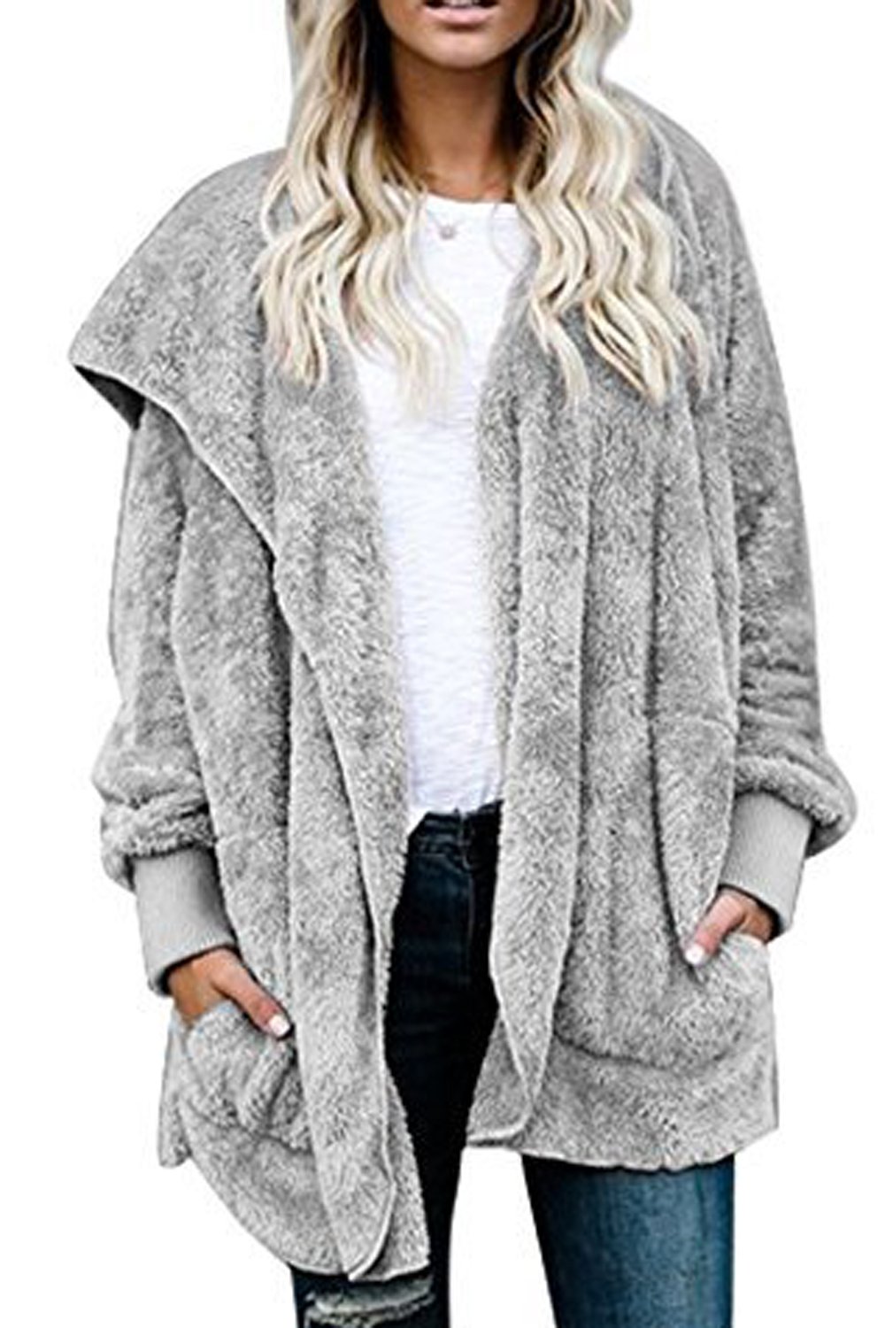 OMZIN Women/’s Winter Fluffy Fuzzy Open Front Cardigan Jacket Coat Outwear with Pockets