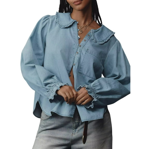 Women'S Ruffled Long Sleeve Denim Shirts Button Down Denim Blouse Jackets Blue M