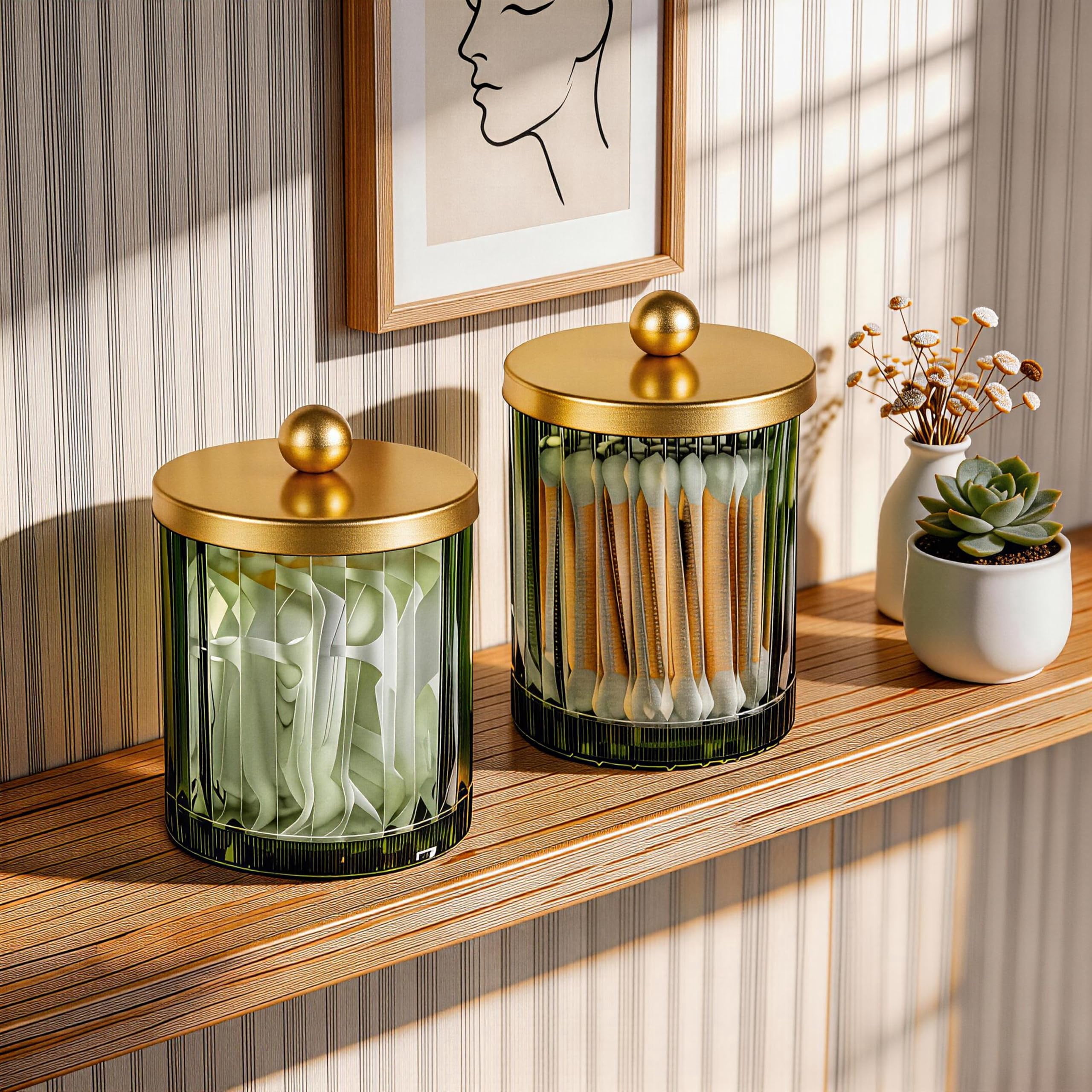Sage Green Glass Apothecary Jar, Qtip Holder Dispenser for Cotton Swabs, Balls, Makeup Pads, Floss Picks, Bathroom Essential Accessories, Countertop Canister Storage Organizer (Black, 2 Pack)