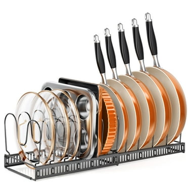 MUDEELA Expandable Pot and Pan Organizer Rack, 12  Pot Lid Organizer Holder, Bakeware Adjustable Rack, Kitchen Cabinet Organizer for Bakeware Cutting Boards, Black