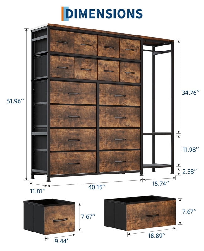 TROPOW Tall Dresser for Bedroom with 16 Drawers & Clothes Rack & 2 Storage Shelves, Fabric Dressers & Chests of Drawers, Large Closet Dresser for Storage and Organization